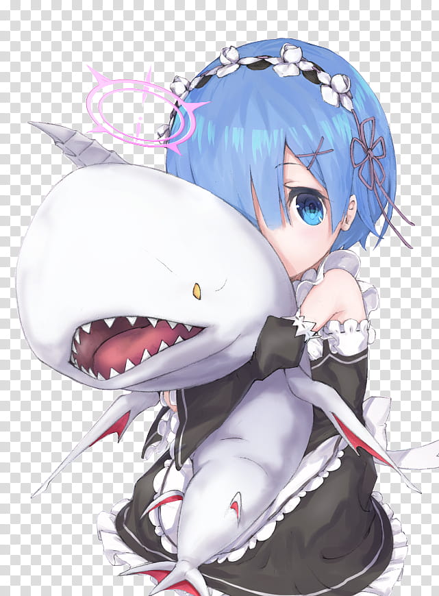 Rem Render, blue haired female character holding shark art transparent background PNG clipart