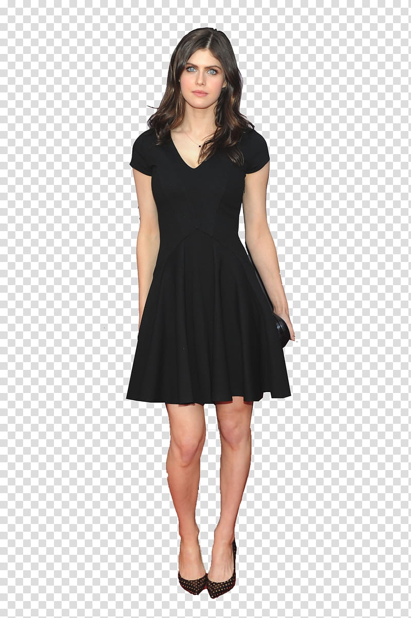 Alexandra Daddario, woman wearing black V-neck dress transparent background PNG clipart