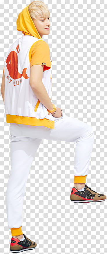 Render EXO For Ivy Club, man wearing white and yellow hooded jacket transparent background PNG clipart