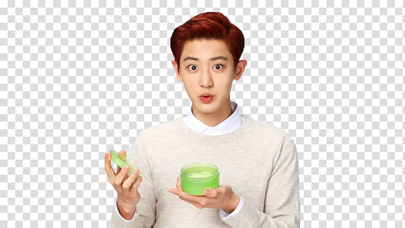 CHANYEOL EXO K CUT, man holding green jar transparent background PNG clipart