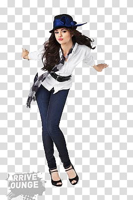 Selena Gomez, Selena Gomez wearing white long-sleeved shirt and blue skinny jeans transparent background PNG clipart