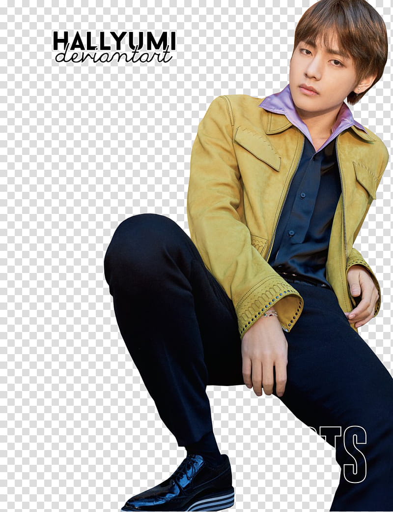 BTS BILLBOARD, man sitting position wearing yellow jacket transparent background PNG clipart