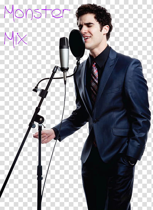 Darren Criss , standing man in blue peaked lapel suit jacket singing in front of condenser microphone with filter transparent background PNG clipart