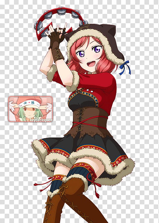 #&#; Nishikino Maki (Love Live! Card) SR, Render, red-haired female character playing tambourine transparent background PNG clipart