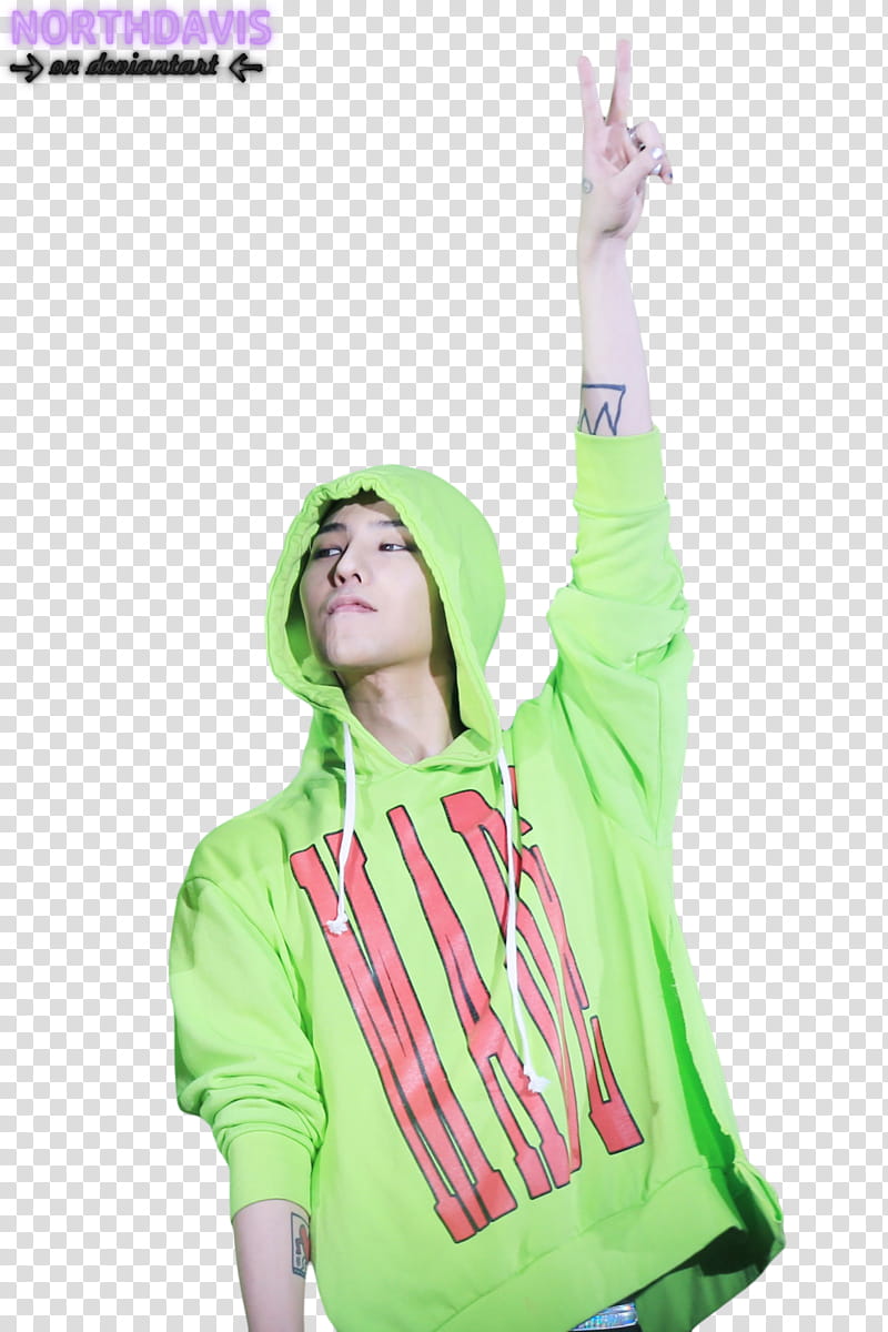 G Dragon BIGBANG, man standing wearing green pullover hoodie making peace hand sign transparent background PNG clipart