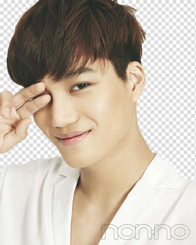 Kai EXO S, brown haired man wearing white collared shirt doing peace sign on left eye transparent background PNG clipart