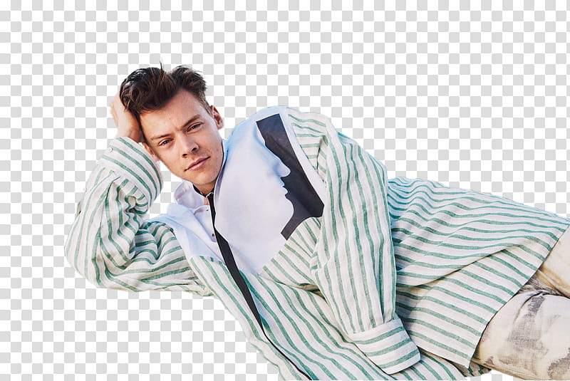 HARRY STYLES, Harry Styles wearing white-and-green stripe coat transparent background PNG clipart