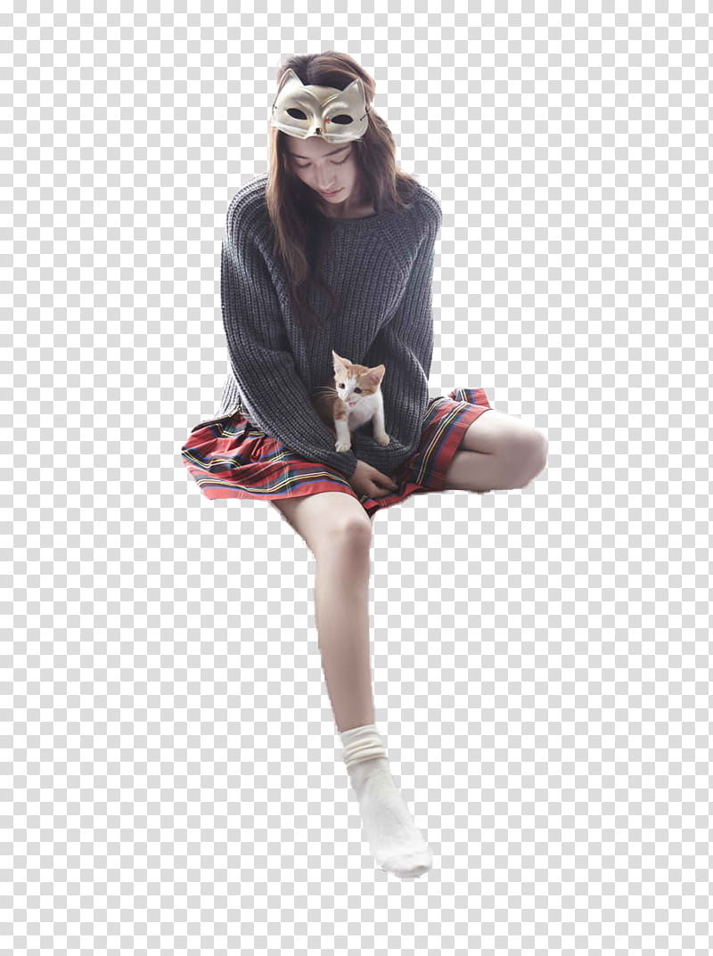 Krystal, sitting Krystal Jung wearing gray cat mask and holding kitten transparent background PNG clipart