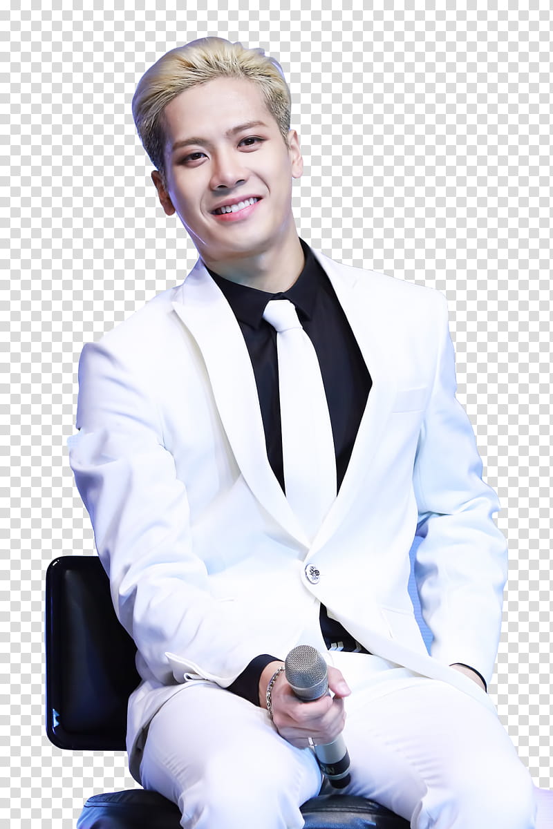 Jackson Wang, man wearing white blazer sitting on chair transparent background PNG clipart