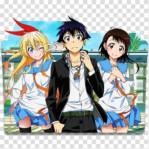 Nisekoi  Folder Icon, Nisekoi  [, male and two female anime character transparent background PNG clipart