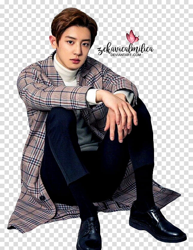 EXO Chanyeol Hanryu Pia, man sitting wearing plaid long coat transparent background PNG clipart