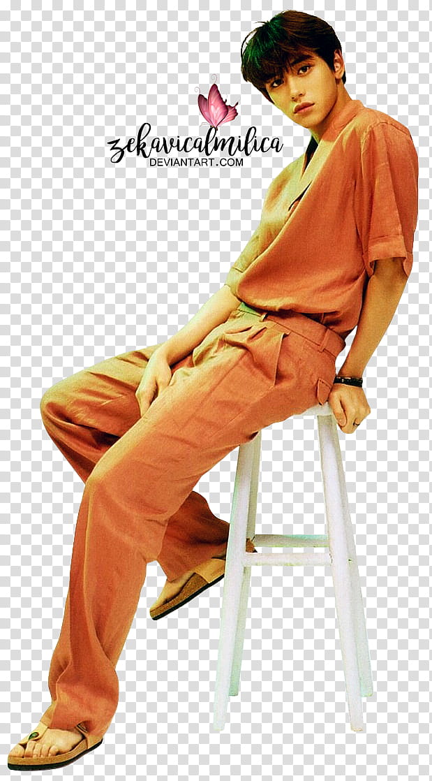 NCT Lucas DAZED, man sitting on stool transparent background PNG clipart