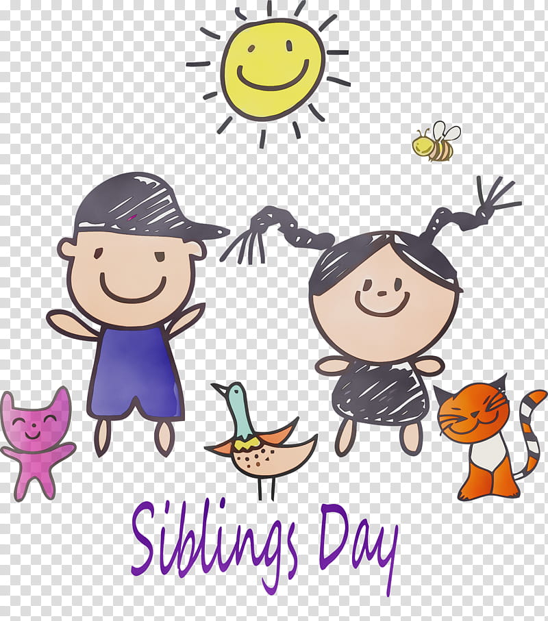cartoon happy sharing line smile, Siblings Day, Happy Siblings Day, National Siblings Day, Watercolor, Paint, Wet Ink, Cartoon transparent background PNG clipart