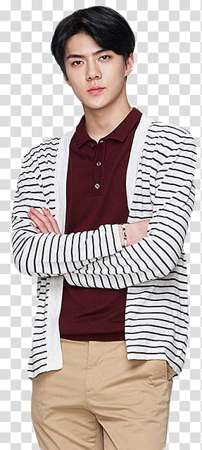 EXO, standing man wearing white and black striped cardigan transparent background PNG clipart
