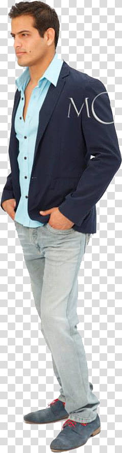 man wearing blue button-up shirt and blazer with denim jeans and blue shoes transparent background PNG clipart