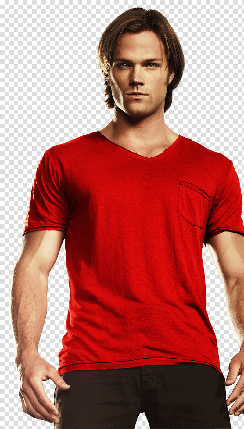 Supernatural, man wearing red V-neck t-shirt and black bottoms transparent background PNG clipart