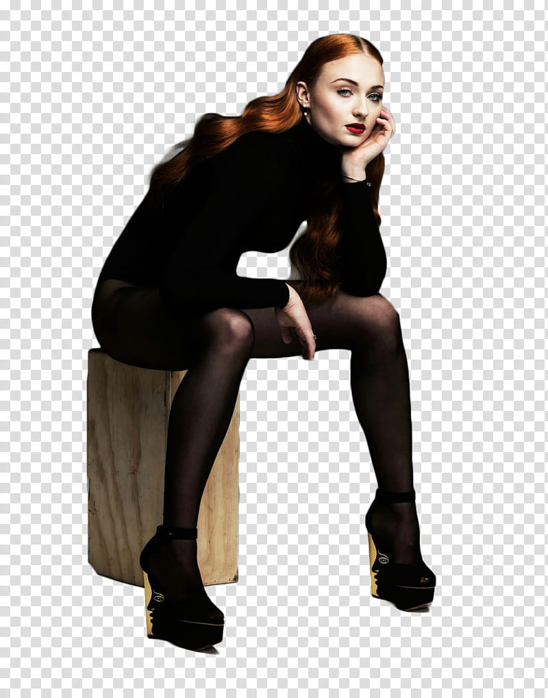 Sophie Turner, woman sitting on brown platform transparent background PNG clipart