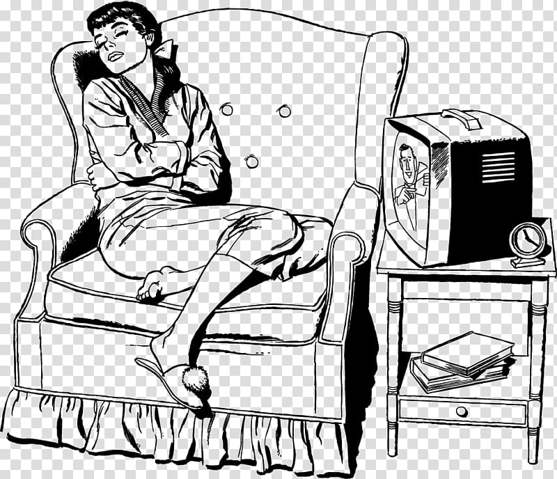 Vintage ladies, woman sitting on armchair watching television transparent background PNG clipart