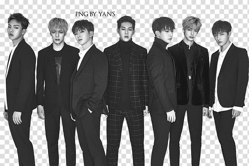 monsta x , seven male group wearing suits standing transparent background PNG clipart
