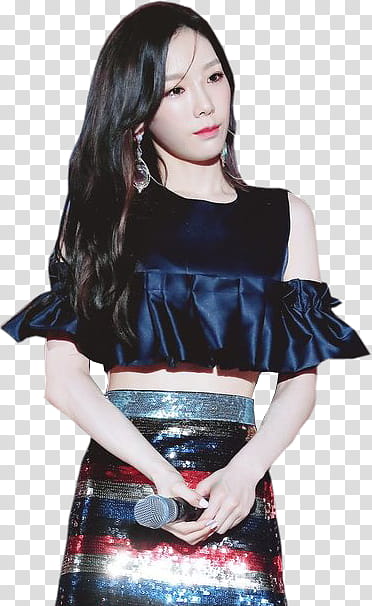 Kim Taeyeon SNSD, woman in navy-blue sleeveless crop top holding microphone transparent background PNG clipart