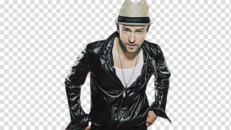 Justin Timberlake, man wearing black leather jacket with brown fedora transparent background PNG clipart