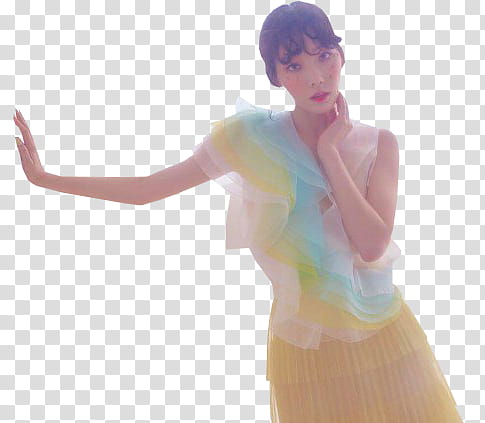 TAEYEON Make Me Love You HQ, standing woman wearing teal, yellow, and white dress transparent background PNG clipart