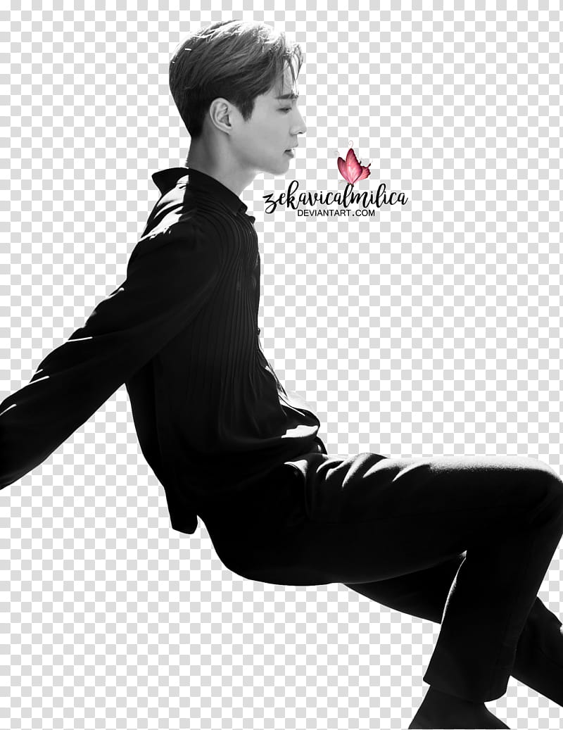 EXO Lay Give Me A Chance, man wearing black long-sleeved collared shirt and black pants transparent background PNG clipart