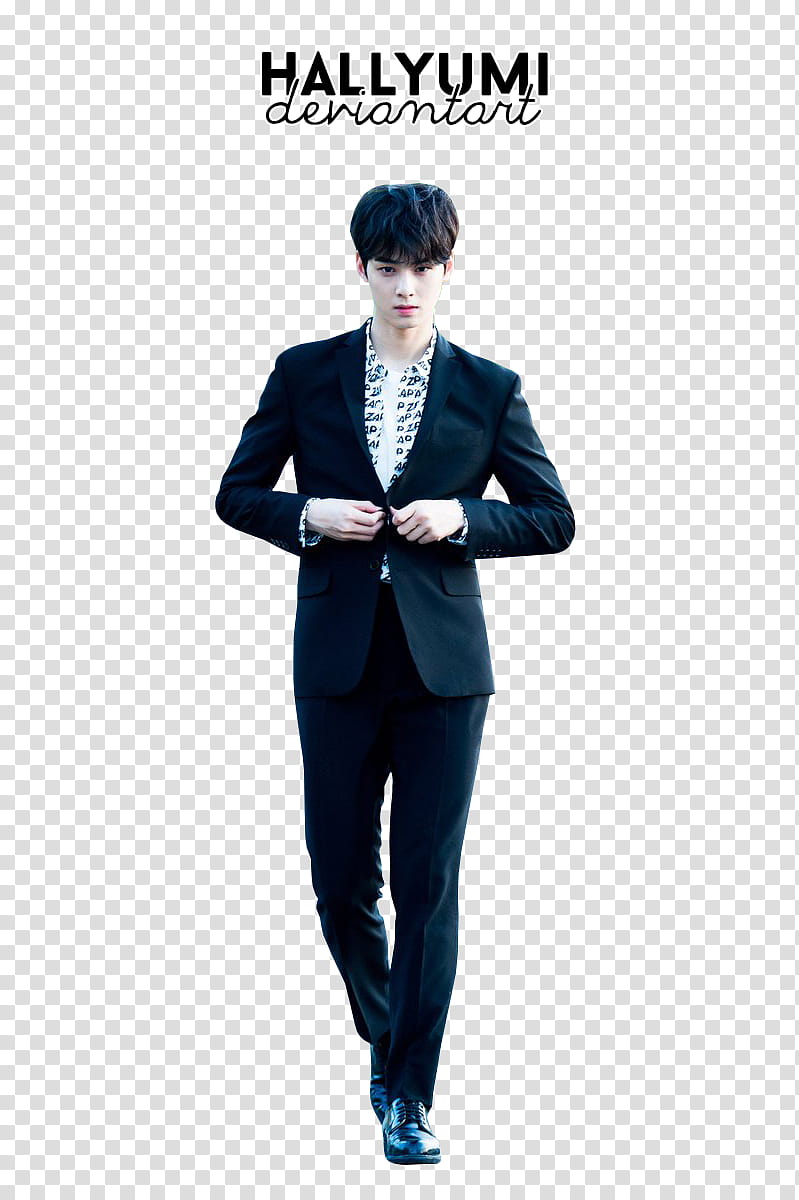 For you in full blossom x, Cha Eun Woo wearing black formal suit standing  and smiling transparent background PNG clipart