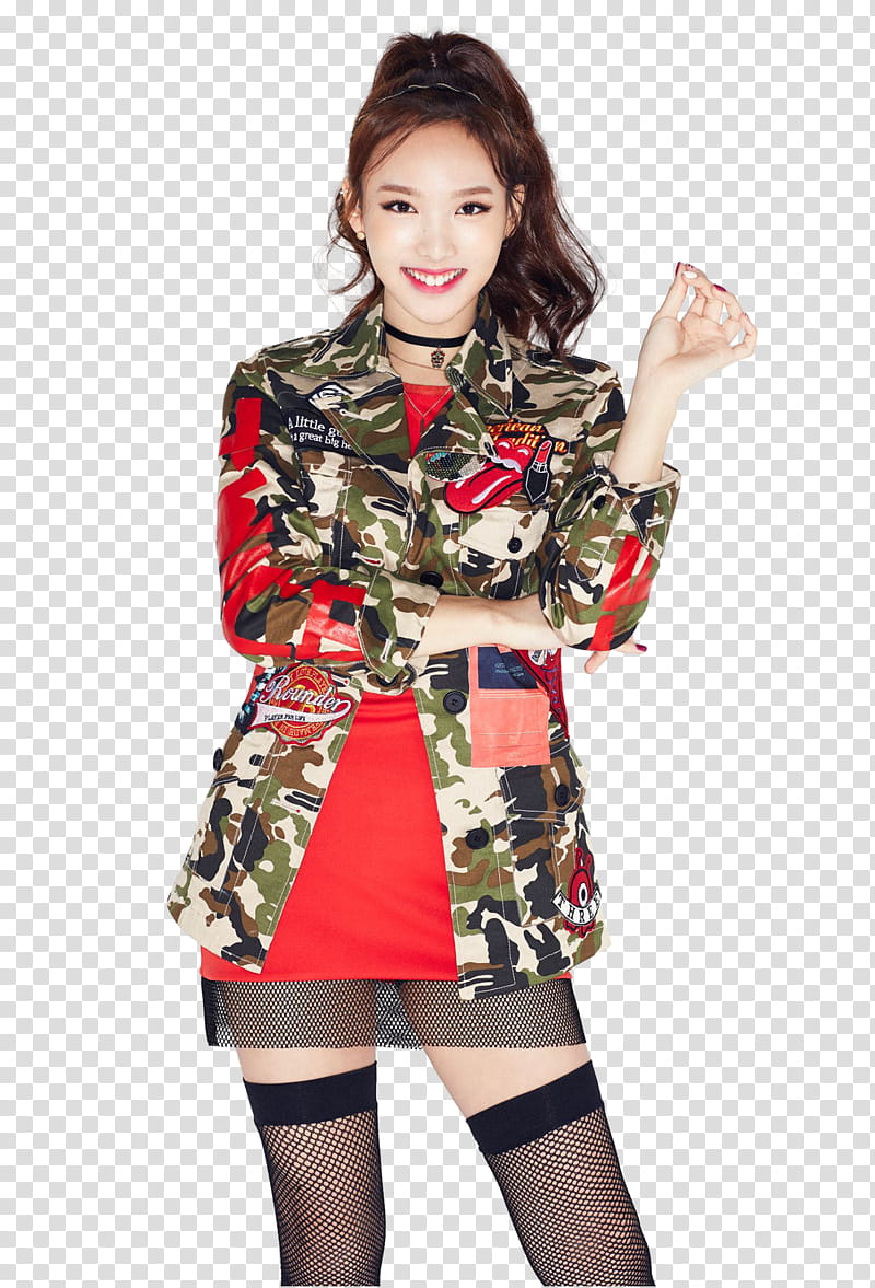 Twice OOH AHH teaser , smiling woman wearing green camouflage jacket and red mini dress transparent background PNG clipart