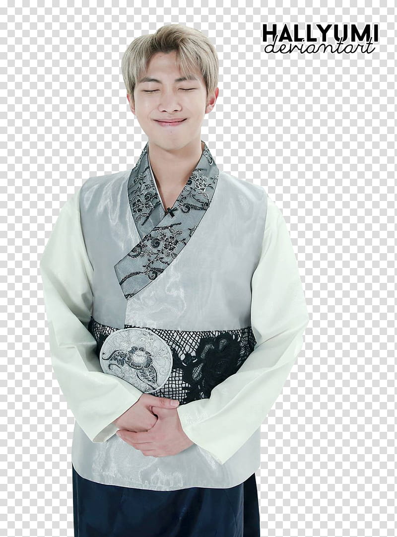 BTS, smiling man wearing white and grey floral hanbok transparent background PNG clipart