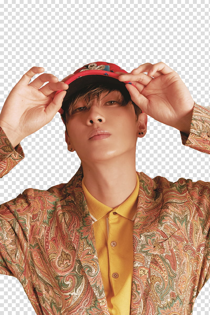 SUPER JUNIOR LO SIENTO  , man wearing brown paisley blazer holding red cap transparent background PNG clipart