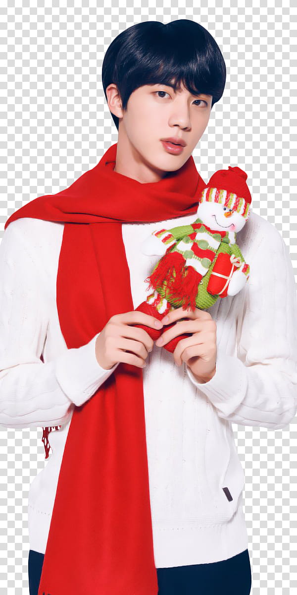BTS BTS X LG MERRY CHRISTMAS, man wearing knit sweater holding snowman plush toy transparent background PNG clipart