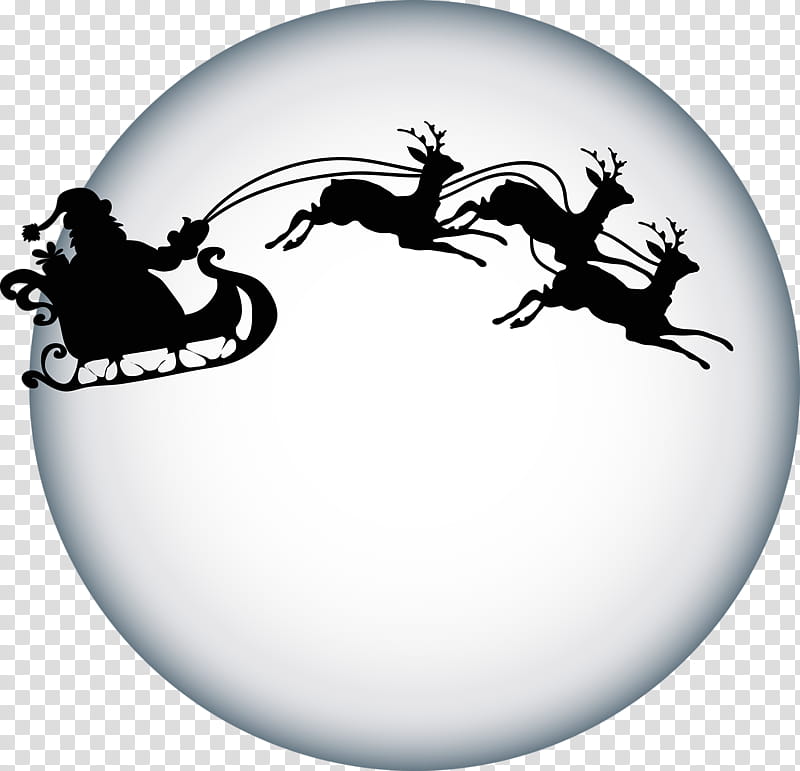 Christmas Black And White, Santa Claus, Reindeer, Santa Clauss Reindeer, Christmas Day, Rudolph, Sled, Silhouette transparent background PNG clipart