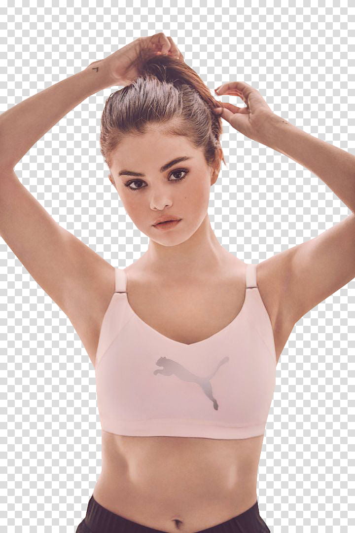 SELENA GOMEZ, Selana Gomez wearing pink Puma sports bra transparent background PNG clipart