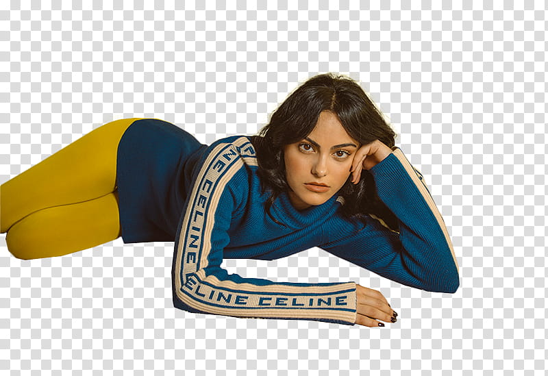 CAMILA MENDES, unknown celebrity wearing blue sweatshirt transparent background PNG clipart
