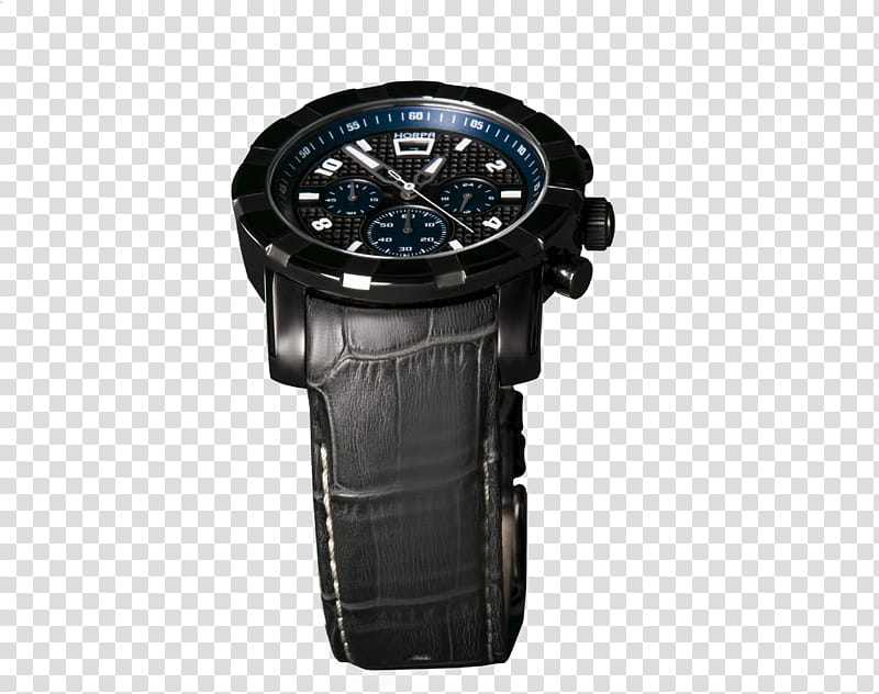 Black watch , round black chronograph watch with black leather trap transparent background PNG clipart
