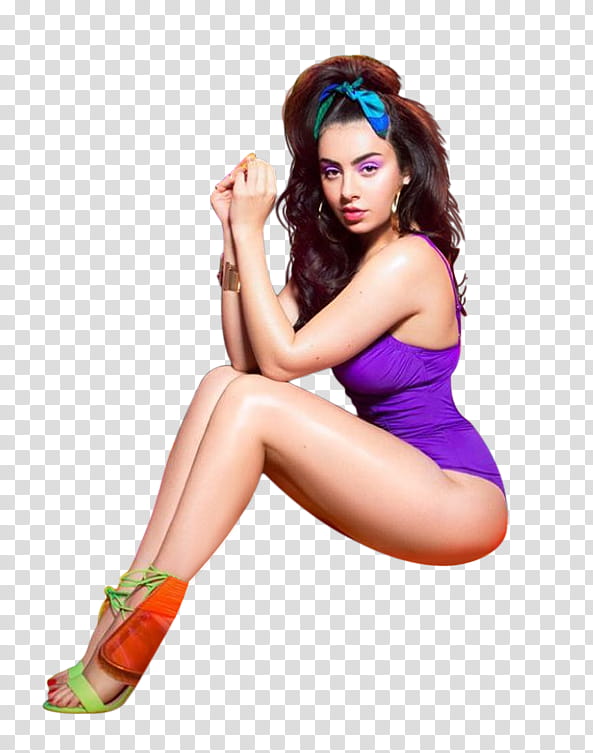 CHARLI XCX, woman in purple bodysuit transparent background PNG clipart