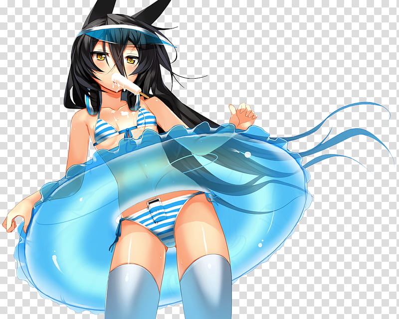 Kawaii Summer Render , black haired female anime character wearing white and blue striped bikini set illustration transparent background PNG clipart