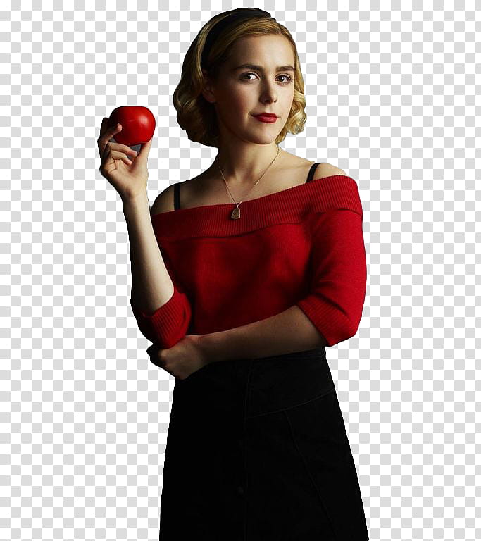 woman in red off-shoulder quarter-sleeved shirt holding red apple fruit transparent background PNG clipart