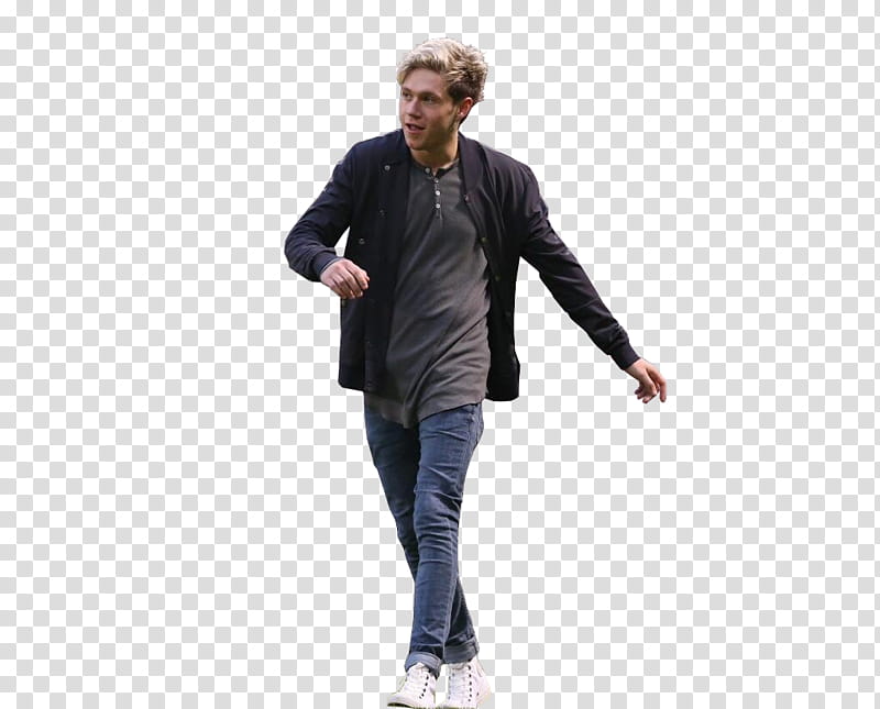 Niall Horan, man in black jacket, blue jeans, and white shoes standing transparent background PNG clipart