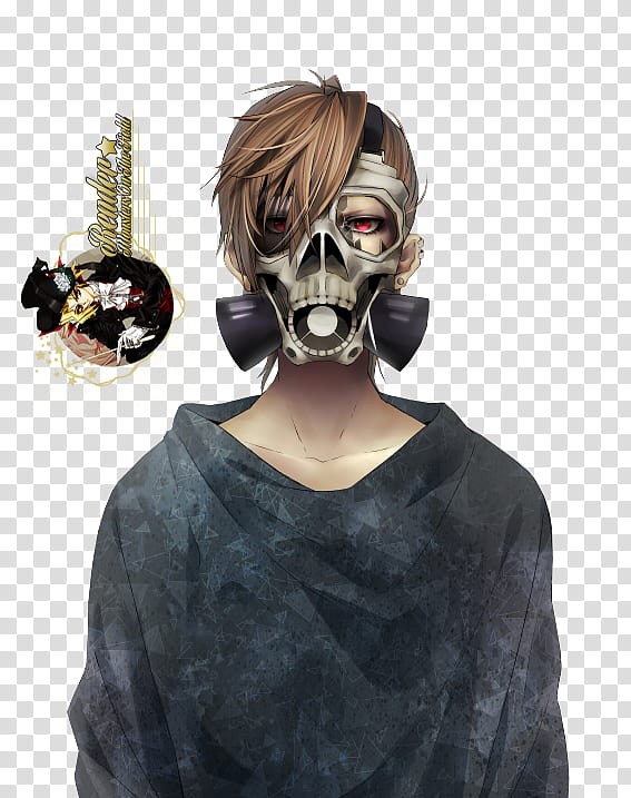 MascaraDeGasRENDER O., brown-haired anime character wearing gas mask transparent background PNG clipart
