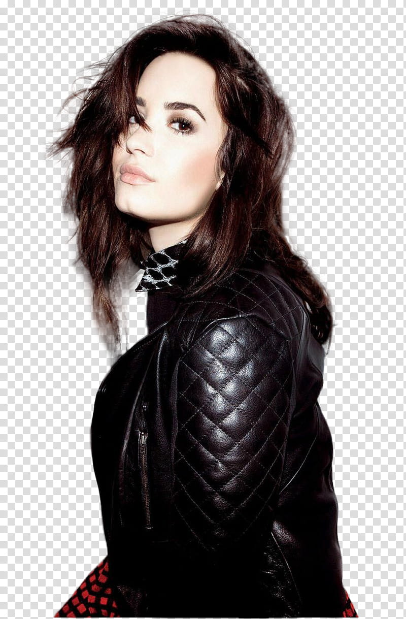 Demi Lovato Fiasco Magazine Cut Out , woman wearing quilted black leather jacket while posing transparent background PNG clipart