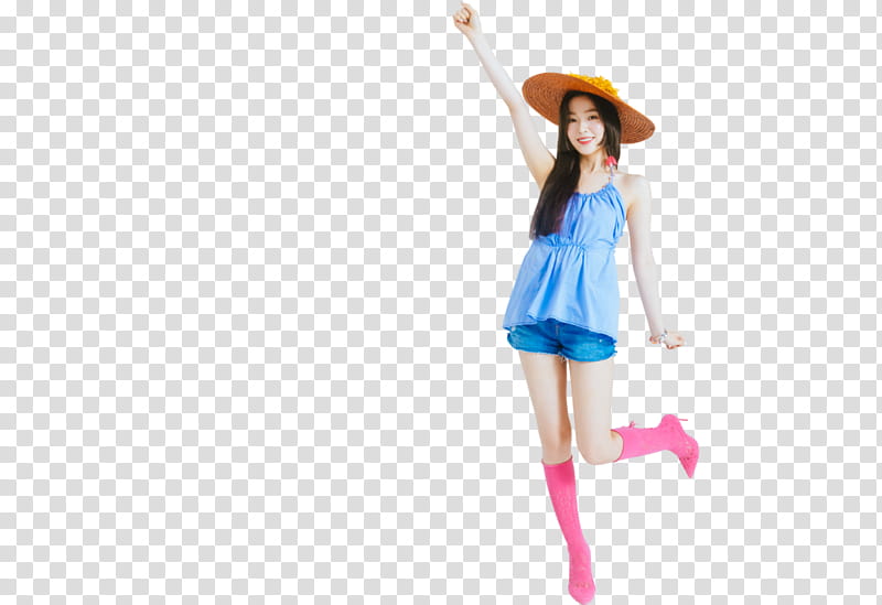 RED VELVET SUMMER MAGIC PART , cutout of woman wearing sun hat, blue spaghetti strap top, blue shorts, and pink heeled boots transparent background PNG clipart