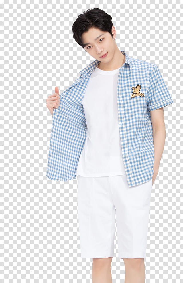 WANNA ONE IVY CLUB P, man standing wearing white and blue shirt transparent background PNG clipart