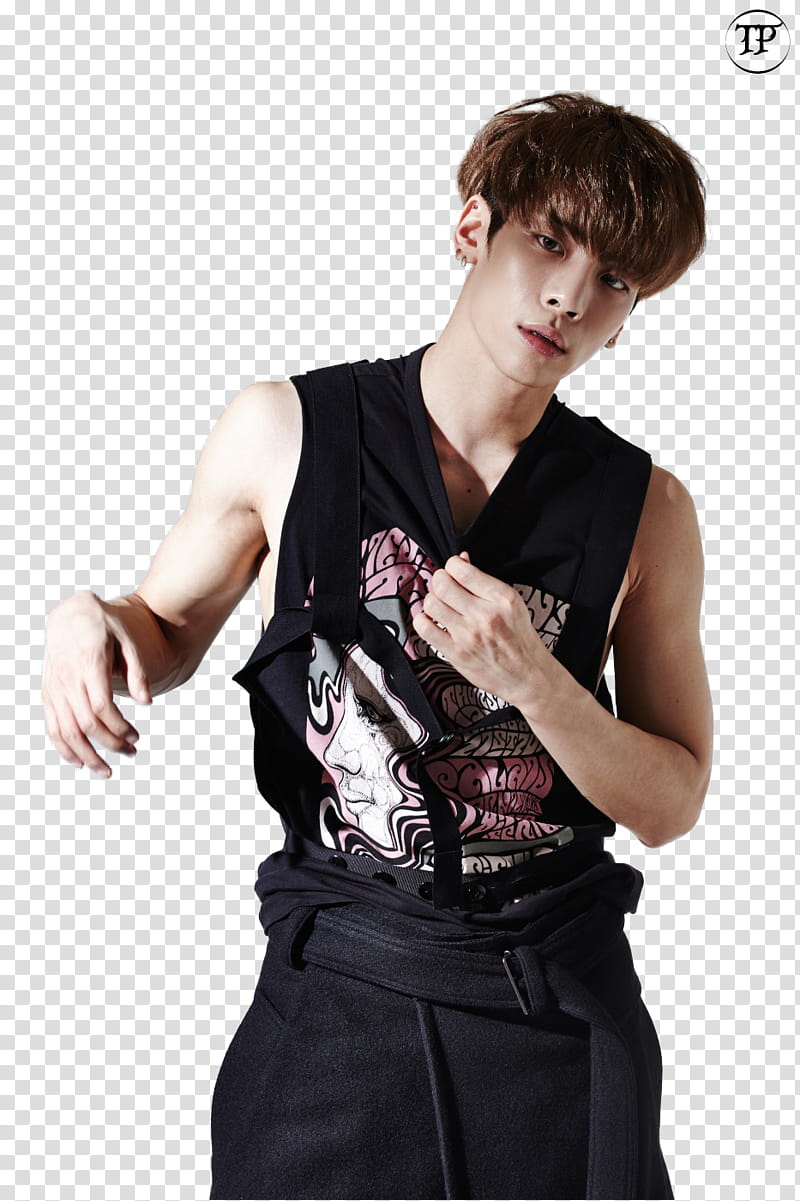 Shinee, man wearing black tank top while holding shirt transparent background PNG clipart