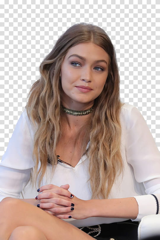 Gigi Hadid, woman wearing choker and white V-neck long-sleeved shirt with closed hands transparent background PNG clipart