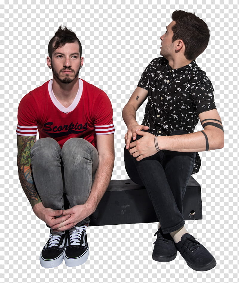 Twenty One Pilots, two men sitting on box transparent background PNG clipart