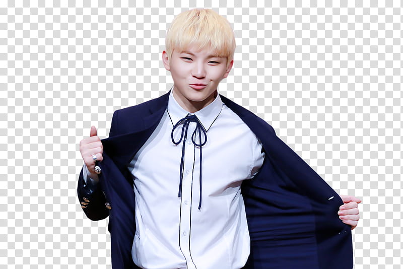 Woozi of SEVENTEEN, man taking off his blue jacket while smiling transparent background PNG clipart