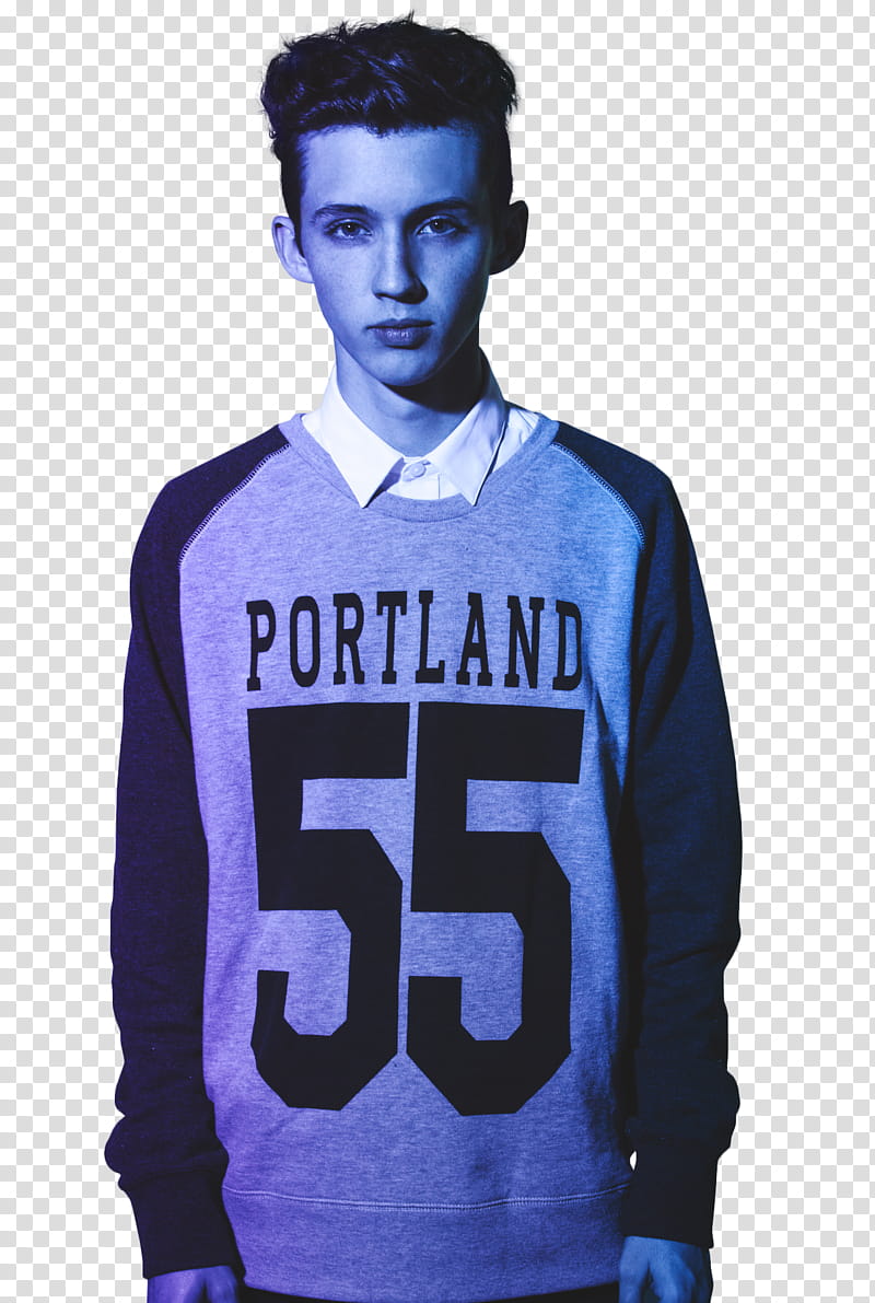 Troye Sivan, man wearing portland -printed long-sleeved shirt transparent background PNG clipart