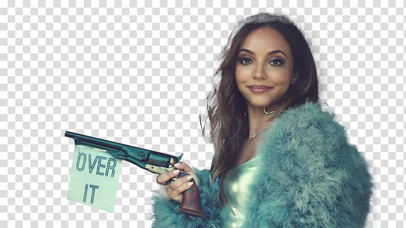 Little Mix, woman standing while holding green and brown pistol transparent background PNG clipart